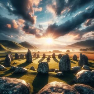 Images of an ancient stone circle at sun-set. To illustrate an article about the nature of the universe, God and creation