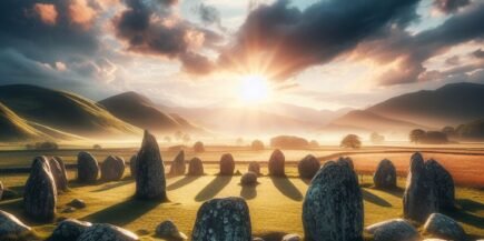 Images of an ancient stone circle at sun-set. To illustrate an article about the nature of the universe, God and creation