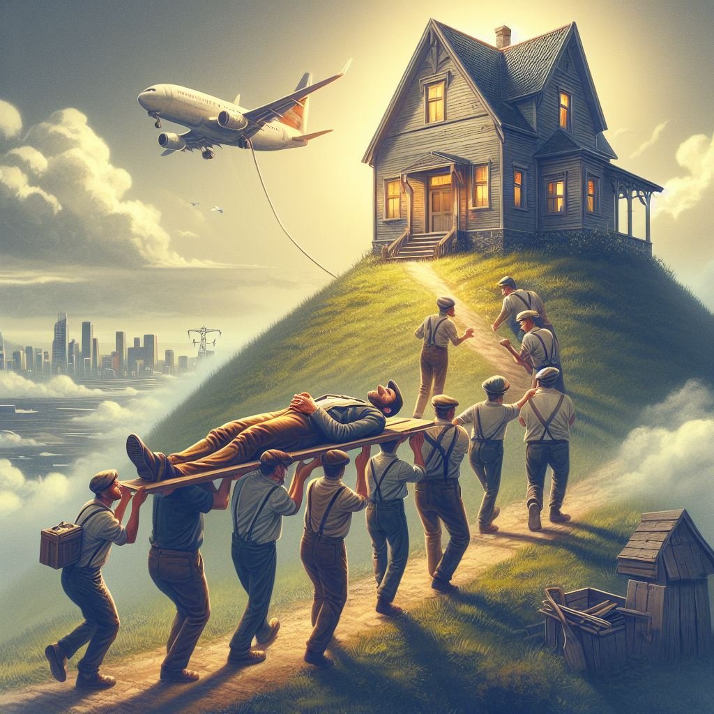 An image of a man being carried up a hill towards a house his friends had built for him. To illustrate an article about the ultimate truth on truthofself.com