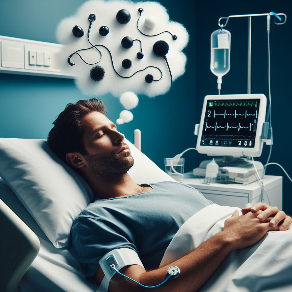 An image of a man in a coma, thinking himself back to wakefulness. To illustrate an article about the ultimate question on truthofself.com