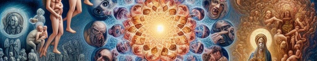 An image depicting the cycle of creation through the birth of a baby, to a divine mother and father, who came from the nothing, and to the nothing must return.