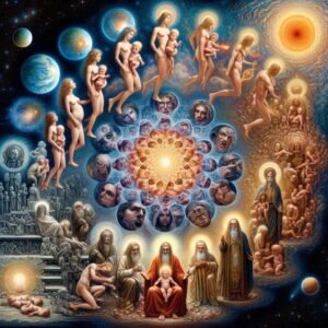 An image depicting the cycle of creation through the birth of a baby, to a divine mother and father, who came from the nothing, and to the nothing must return.